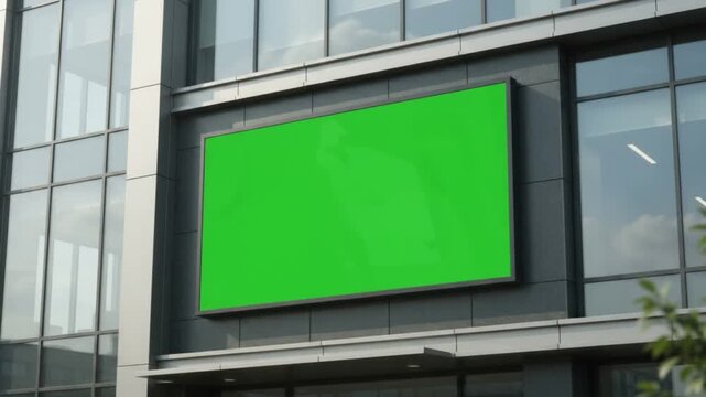 Blank Green Advertising Screen on Modern Building in Urban Environment