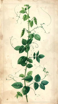 Climbing pea vine with tendrils and pods running vertically on delicate botanical chart generative AI