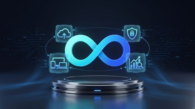 Glowing infinity sign on futuristic tech stage with floating icons, symbolizing endless software development and continuous integration