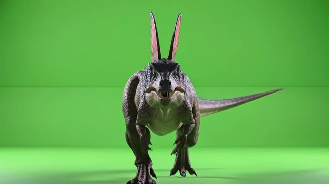 Fierce dilophosaurus walking forward with sharp teeth in this realistic prehistoric dinosaur animation video clip
