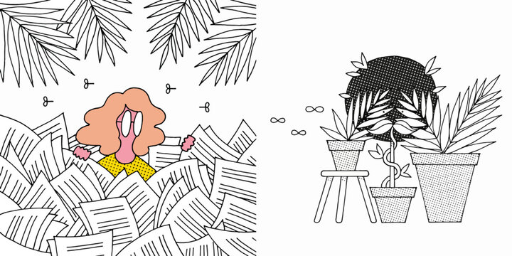 Woman buried in paperwork with plant growth illustration
