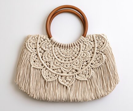 Macrame Clutch with Wooden Handles and Fringe Details