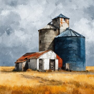 Old farm buildings stand in an open field under a cloudy sky in a rural area during the day