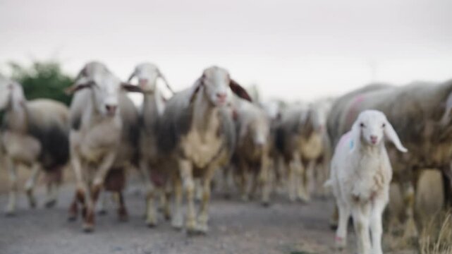 Flock of sheep with lambs following a shepherd holding a staff. Rural transhumance scene with livestock grazing on a country road