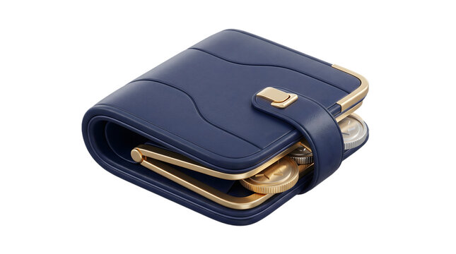 Blue leather wallet with metallic clasp and coins inside resting on a clean white background