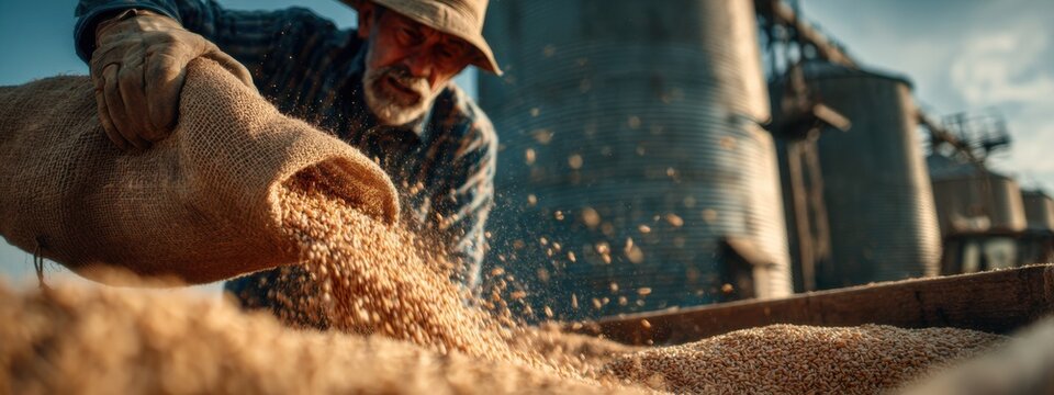 Farmer pours grain from burlap sack into a storage bin at a farm during the late afternoon