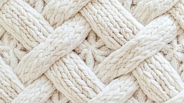 Close up view of cozy off white woolen knitted fabric macro shoot with intersecting braid weaves.