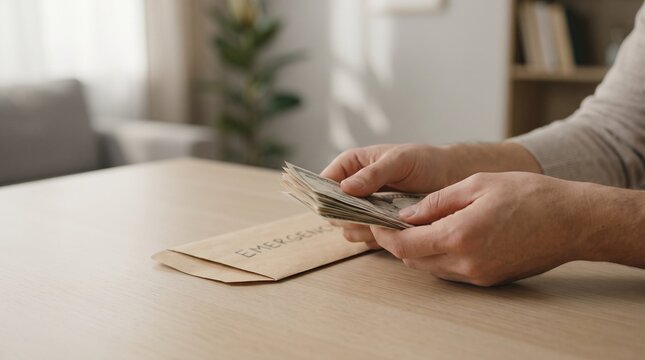 Person Counting Cash From Emergency Envelope Fund on Table