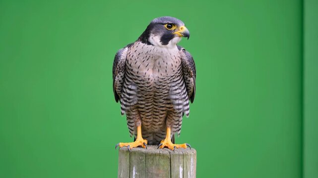 Majestic peregrine falcon perched on wooden post showing sharp talons in this high definition motion footage