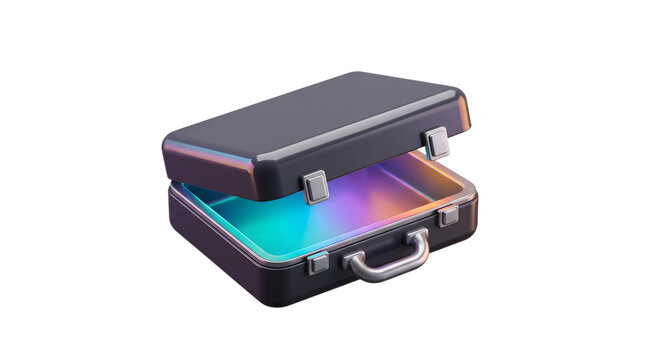 Open briefcase with glowing magical light inside isolated against a clean white background