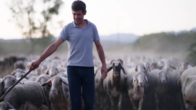 Young shepherd leading his flock of sheep along a dusty country road during a golden sunset. Authentic rural farming and livestock concept