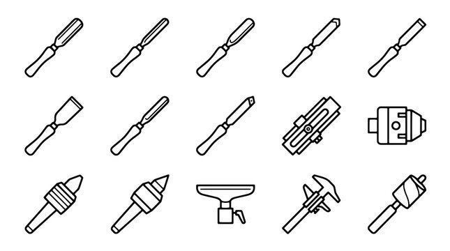 Set of woodturning tools and lathe accessories represented as simple black outline icons on white background