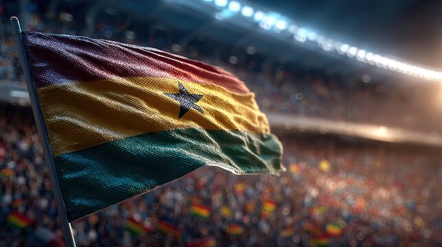 Ghana flag waving in a packed stadium during a sports event with fans cheering and celebrating
