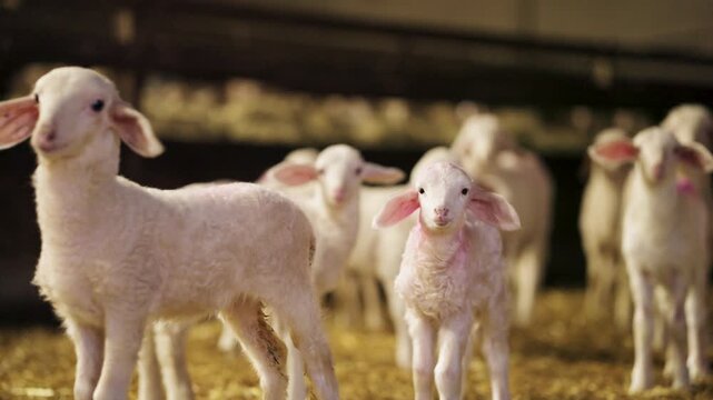 Numerous adorable young white lambs standing inside a warm and cozy sheepfold. A cute newborn lamb is looking directly at the camera