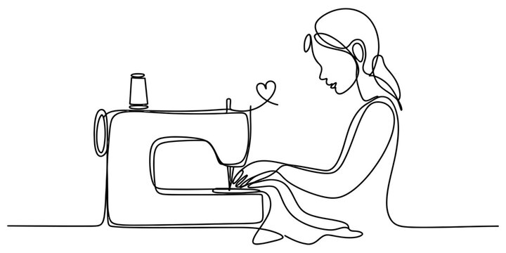 Continuous line art of woman working on sewing machine for tailor shop business and fashion clothing garment design ideas.