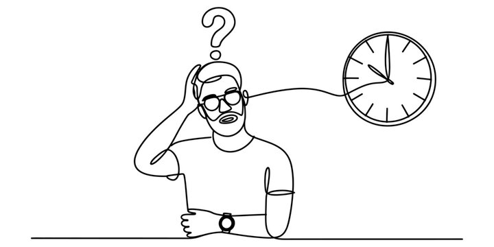 Man thinking with clock and question mark symbol in continuous line art style representing time management or busy lifestyle.