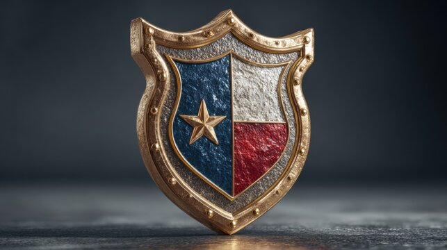 Texas state police badge displayed on a table with spotlight shining on it in a studio setting during the day