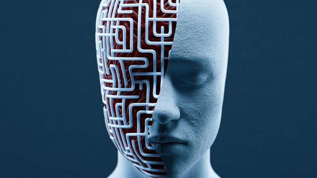 Complex mindscape abstract portrait concept illustration