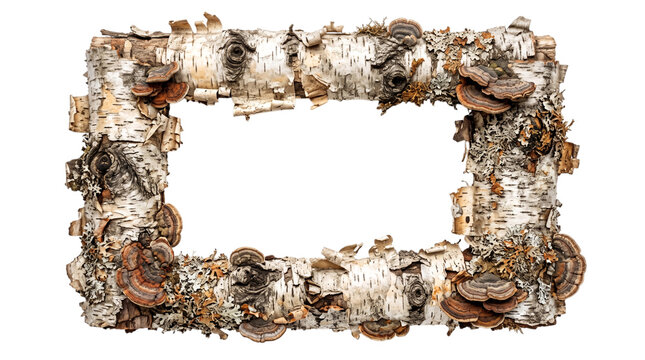 Frame of birch tree bark and wild mushroom on white background
