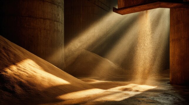 Light shines through a structure onto piles of sand in a storage facility during the day