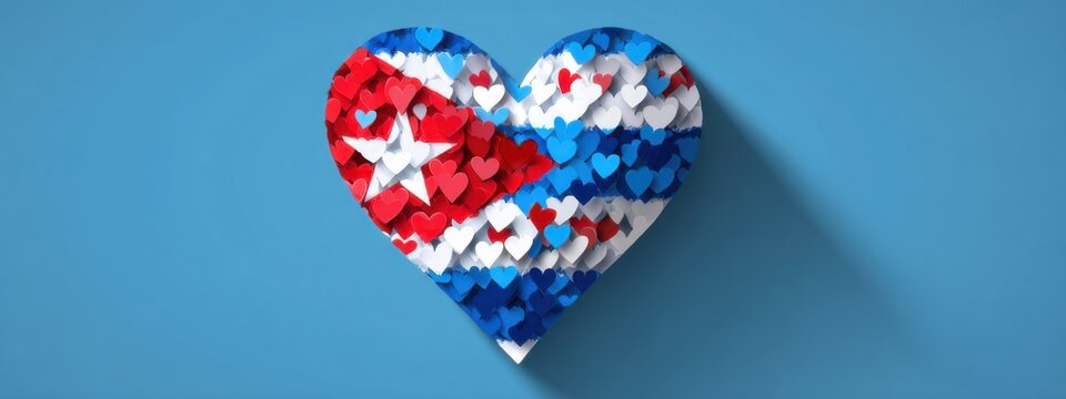 Heart shape made of small hearts in red, blue, and white on blue background shows love for Cuba