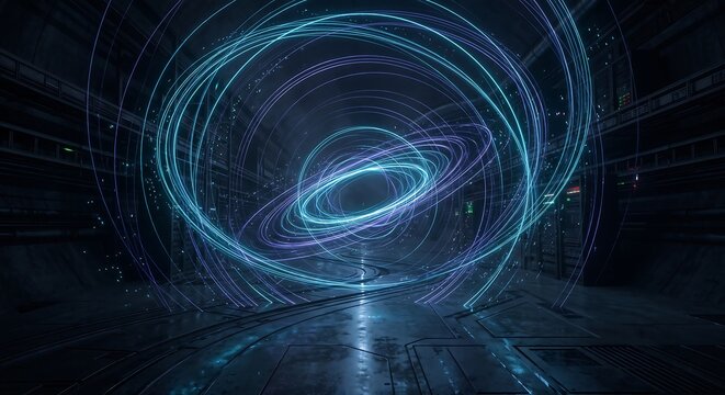 Futuristic science fiction tunnel interior with glowing blue light rings and energy vortex