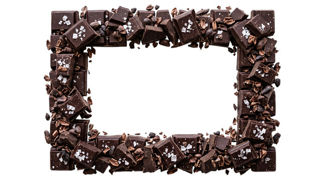 Frame of dark chocolate block with sea salt on white background