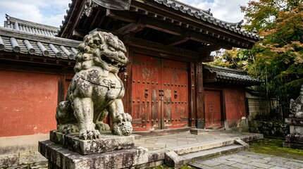 Fototapeta premium Traditional Japanese Temple Entrance Gate with Stone Guardian Lion Statue