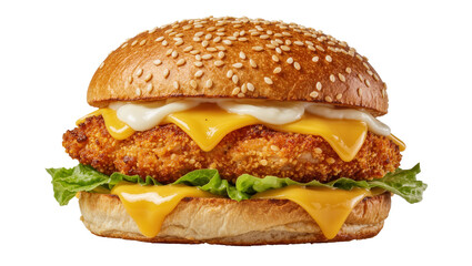 Crispy fried chicken burger with melted cheese and lettuce, isolated on transparent background © isong