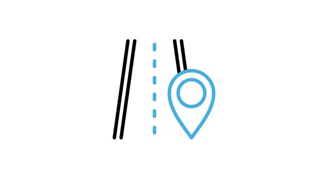 Map pin travel directions icon animation. Road or street with point location animated video for route, navigation, GPS, tracking, destination, position. Motion graphics with alpha channel
