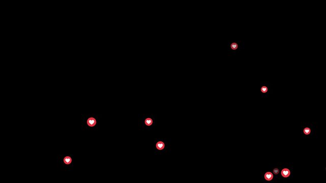 Social media concept reacting to a positive viral post.  Social media icon wow, surprise Facebook live style animation isolated black background. Red round icon with white heart flying up. 
