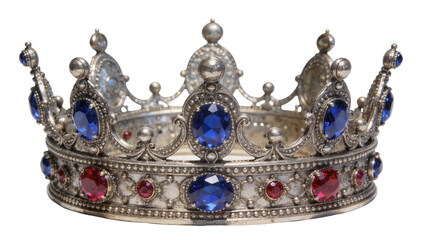 Ornate silver crown with blue sapphires and red rubies, isolated on transparent background © isong