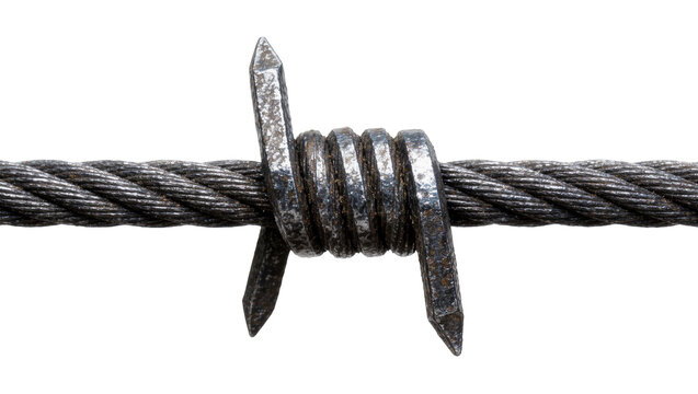 Rusty barbed wire strand with sharp spikes, isolated on transparent background