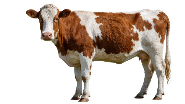 Brown and white cow standing, isolated on transparent background