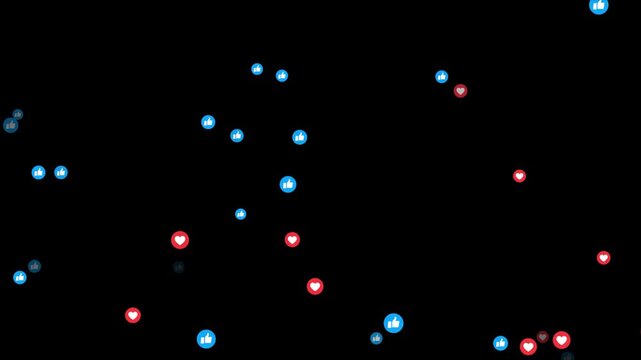 Social media concept reacting to a positive viral post.  Social media icon wow, surprise Facebook live style animation isolated black background. Red round icon with white heart flying up. 