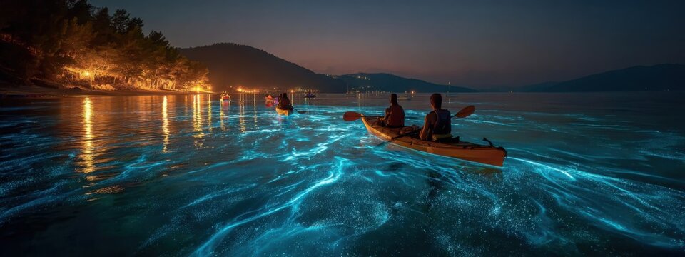 Kayakers paddle through glowing water at night near a beach in a coastal area with lights and trees in the background