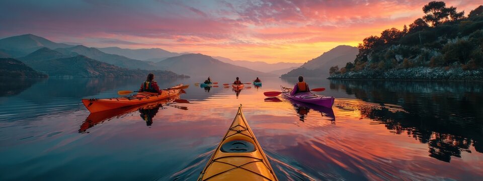 Kayakers glide across a lake during sunset with mountains in the background and colorful reflections on the water surface