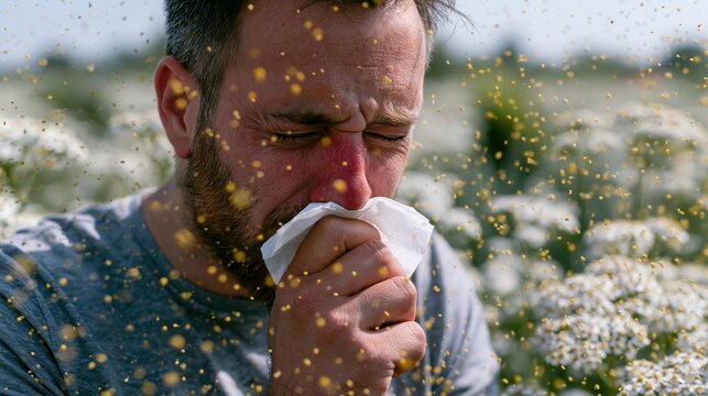 A man sneezes into a tissue as airborne pollen surrounds him. His eyes are tightly closed during the forceful reaction. Seasonal allergy symptoms and hay fever during spring pollen season.