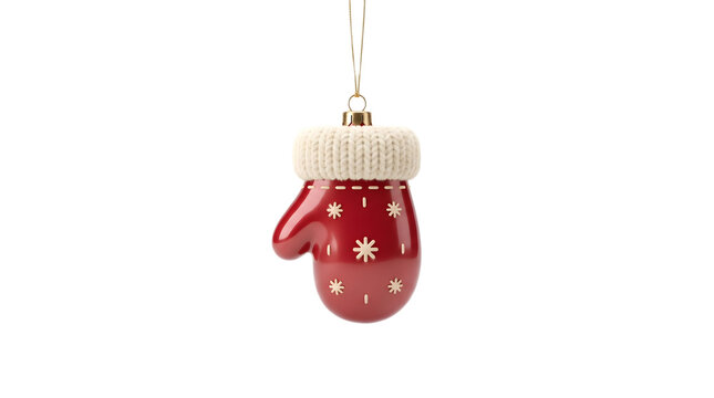 Red Christmas mitten ornament hanging against white background with knitted cuff detail and festive pattern for winter holiday seasonal decor and festive tree decoration