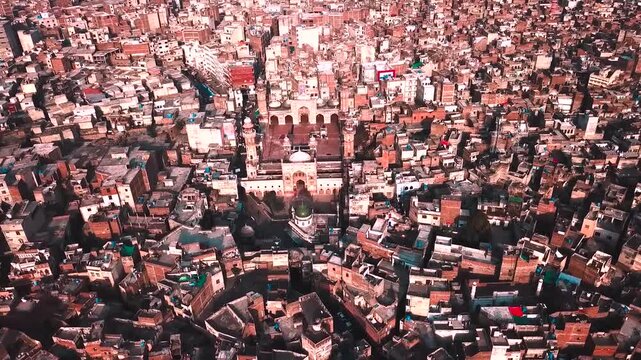 Aerial drone view of the historic Wazir Khan Mosque