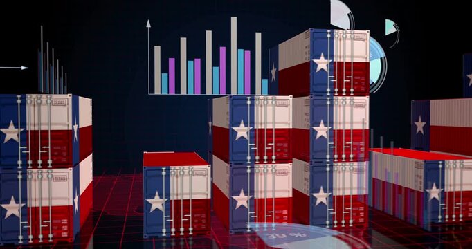 Texas USA export production and import containers cargo with business diagrams and charts concept. Texas flag industrial shipping box 3d.
