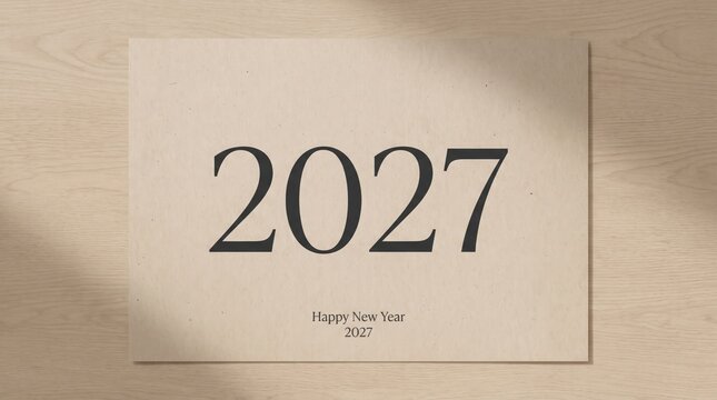 Happy new year 2027 minimalist paper card mockup top view clean beige background poster design