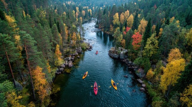 Kayakers paddle on a river surrounded by trees in autumn colors on a clear day in a forest location