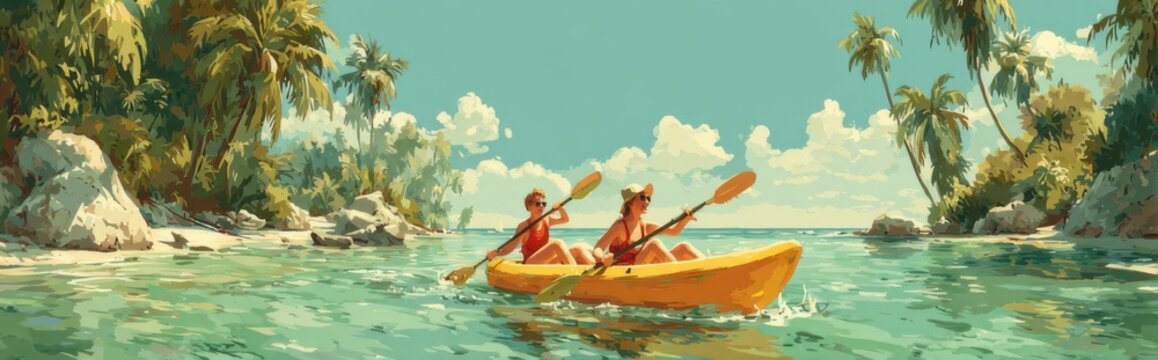 Kayaking in clear waters under a sunny sky with palm trees on the coast