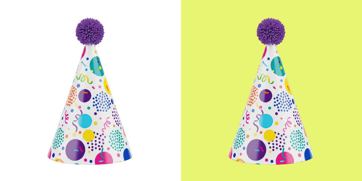 Colorful party hat with purple pompom on background