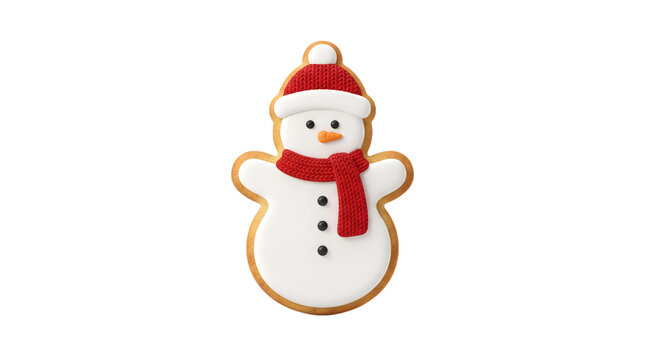Snowman shaped gingerbread cookie decorated with white icing red scarf and Santa hat isolated on white background for winter holiday celebration concepts