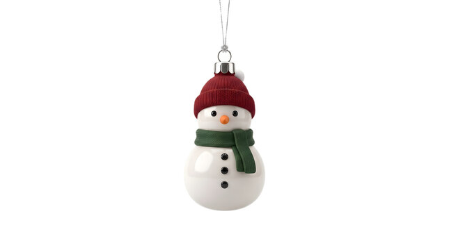 Snowman Christmas tree ornament with red knitted winter hat and green scarf isolated on a clean white background for seasonal holiday design concepts