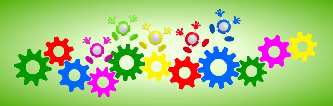 Gear-driven mechanism generating anthropomorphic figures of various colors.
