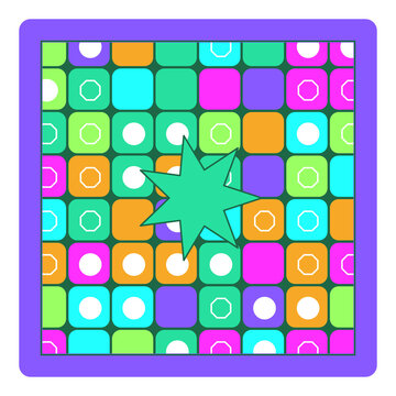 Grid of colorful rounded squares with white circles and octagons and a central green star on a whi d