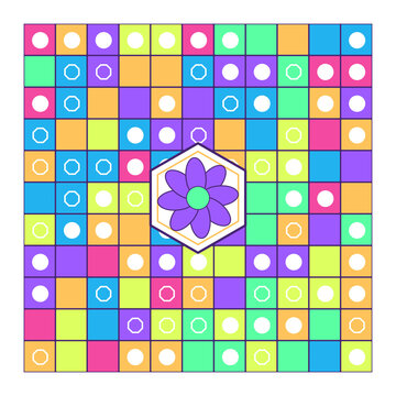 Grid pattern of colorful squares with small white circles and a central hexagon containing a flower